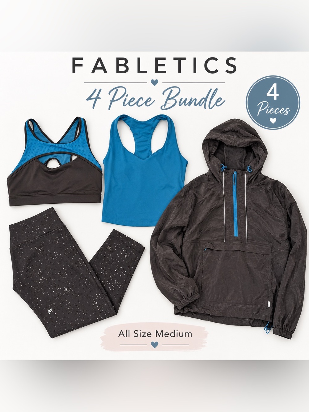 Fabletics grey & Blue 4-Piece Activewear Bundle all medium